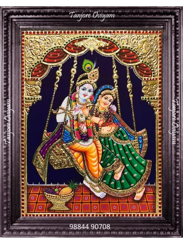 Radha Krishna authentic Tanjore artwork swing style handmade gold foil traditional couple painting